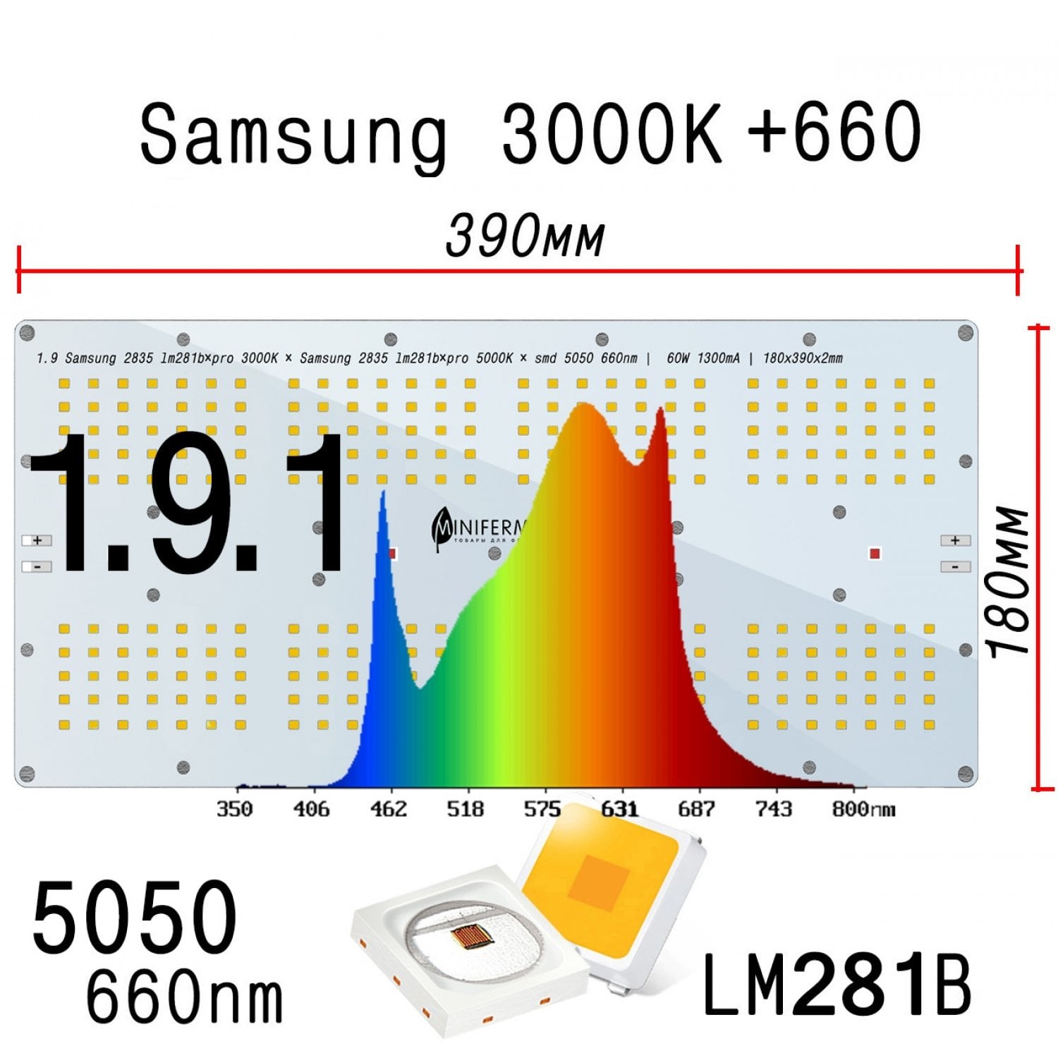 Уценка 1.9.1 Quantum board 180 х 390 Samsung 2835 lm281b+pro 3000K + SMD 5050 660nm